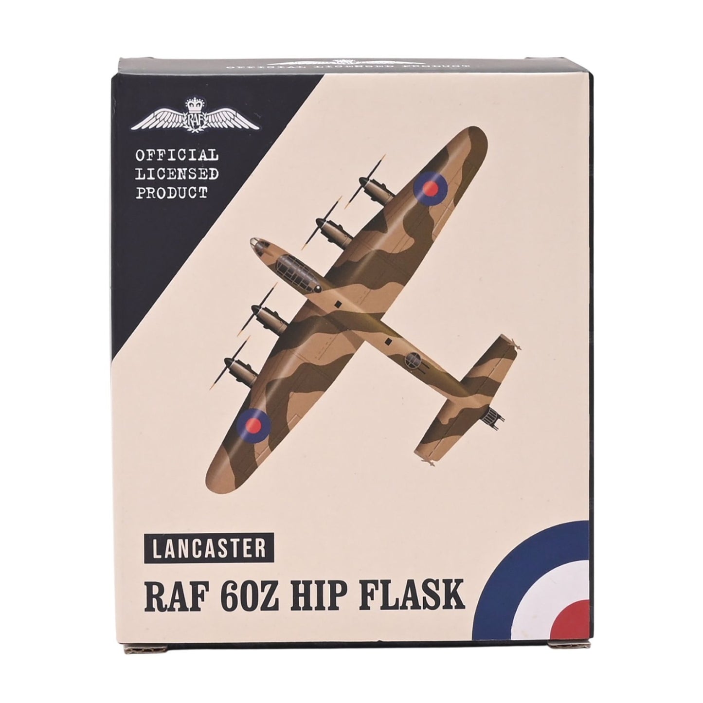Box for a RAF 60Z Hip Flask with a camouflaged airplane design on a beige background.