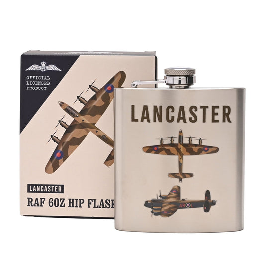 Lancaster RAF 60Z hip flask with packaging featuring airplane design