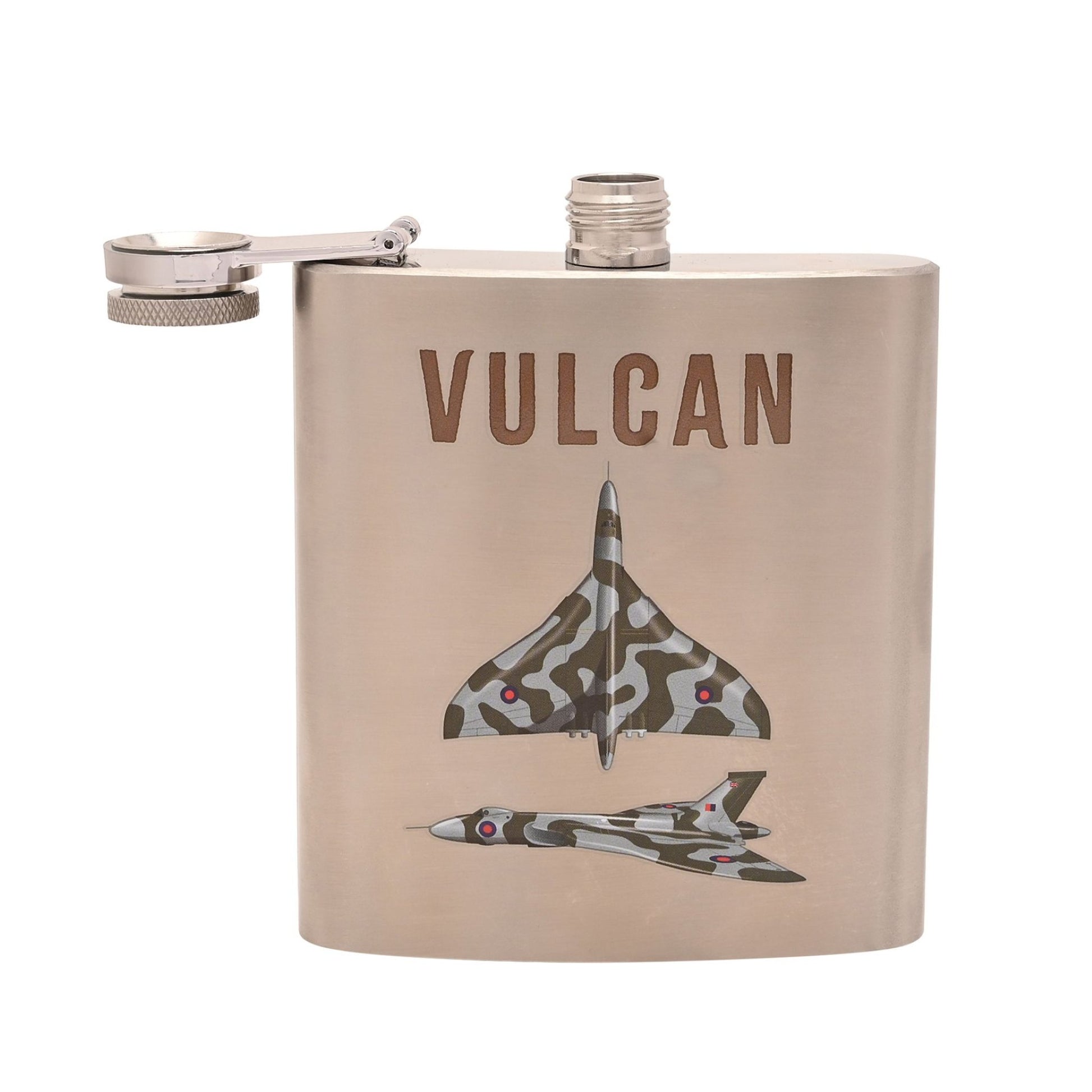 Stainless steel flask with 'Vulcan' text and airplane design on a white background