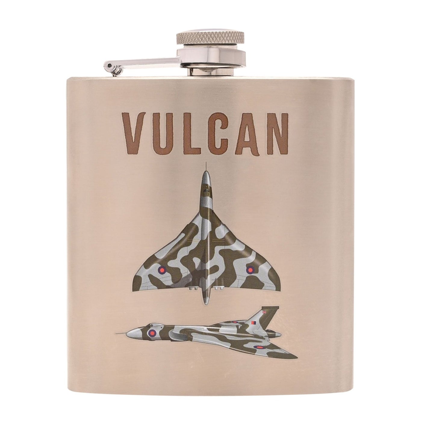 Flask with 'Vulcan' text and airplane design on a beige background