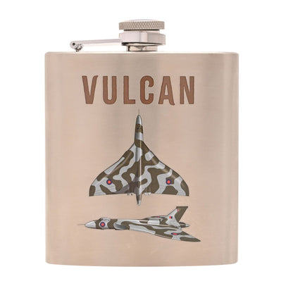 Flask with 'Vulcan' text and airplane design on a beige background