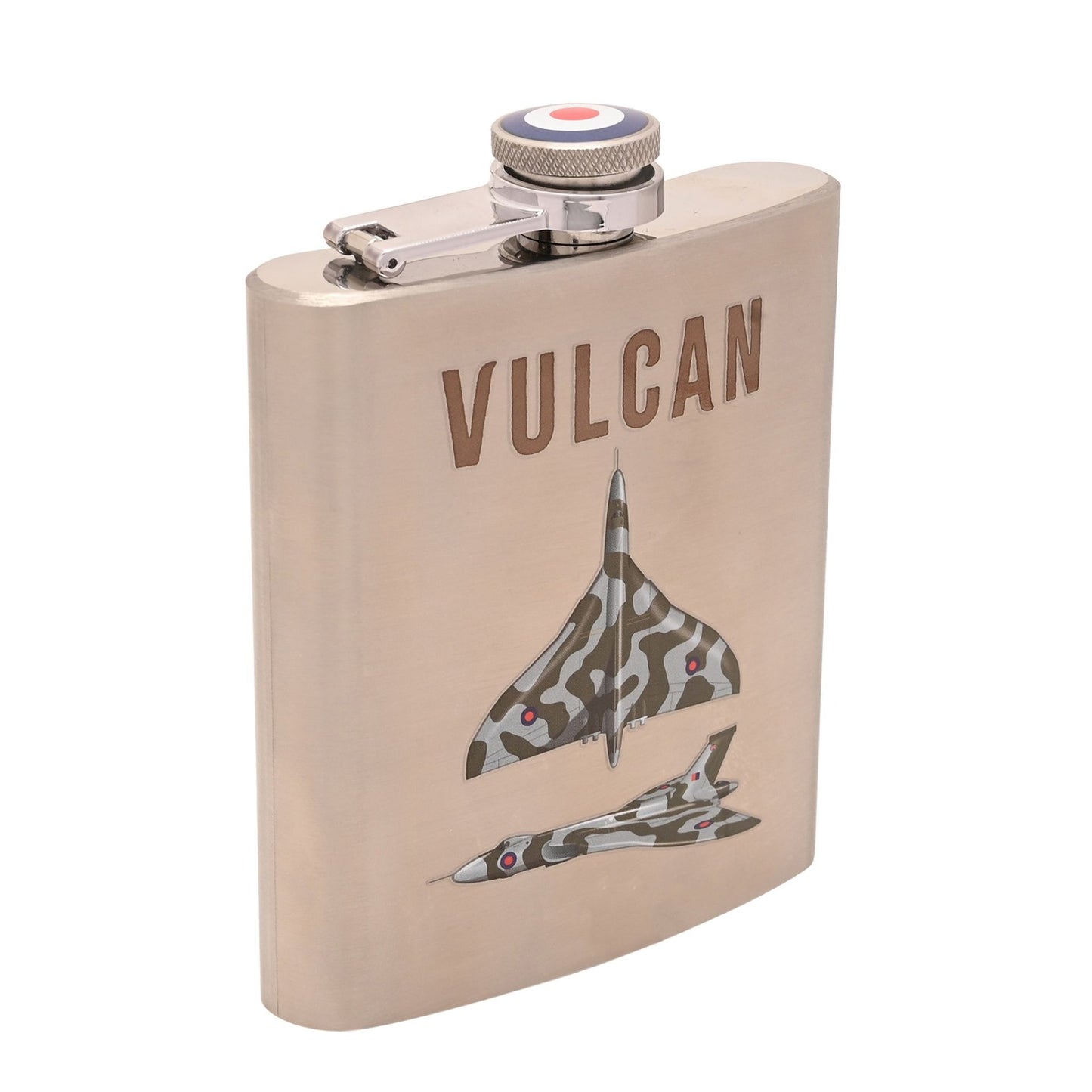 Flask with 'Vulcan' text and airplane design on a beige background