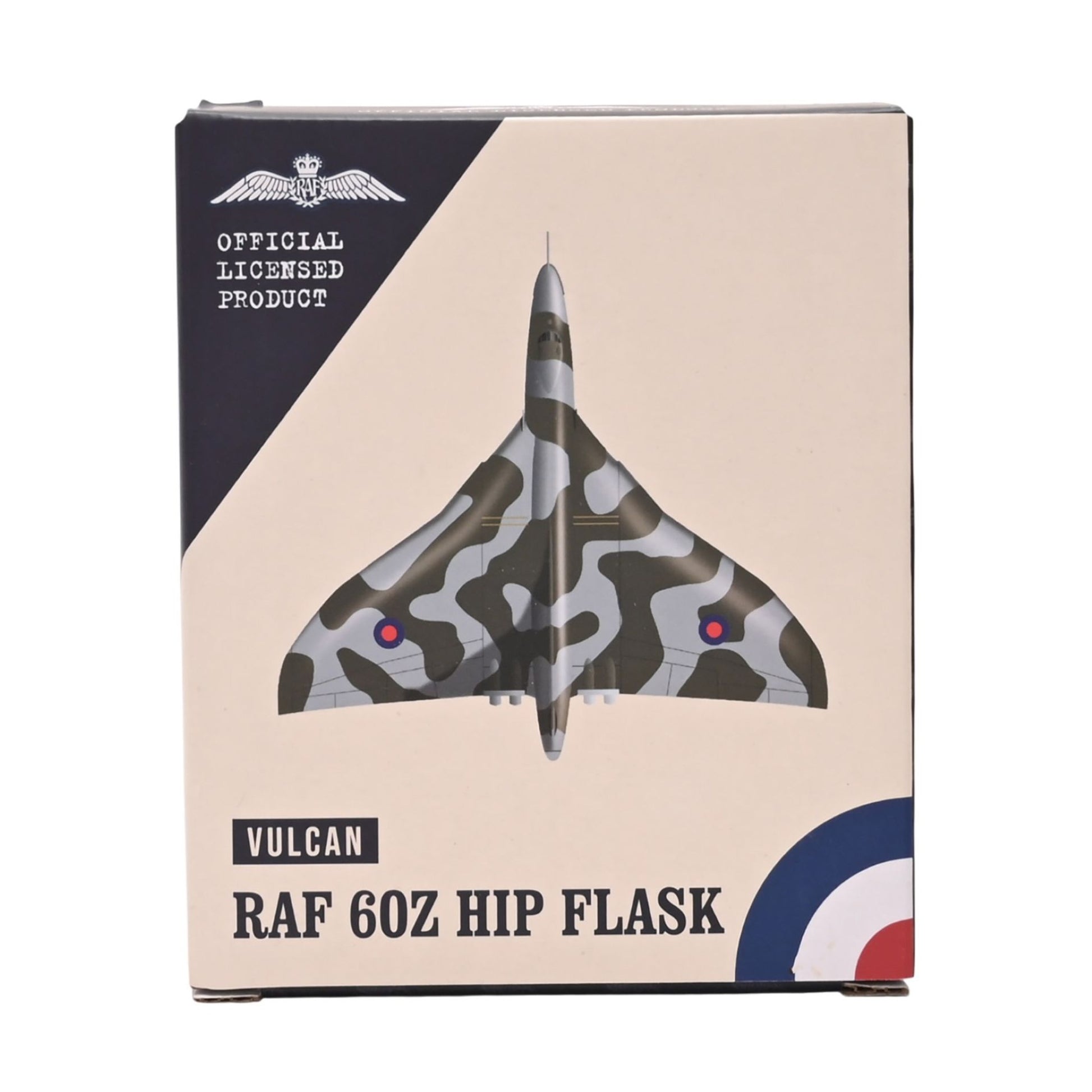 Box for a Vulcan RAF 60Z Hip Flask with airplane design and RAF logo.