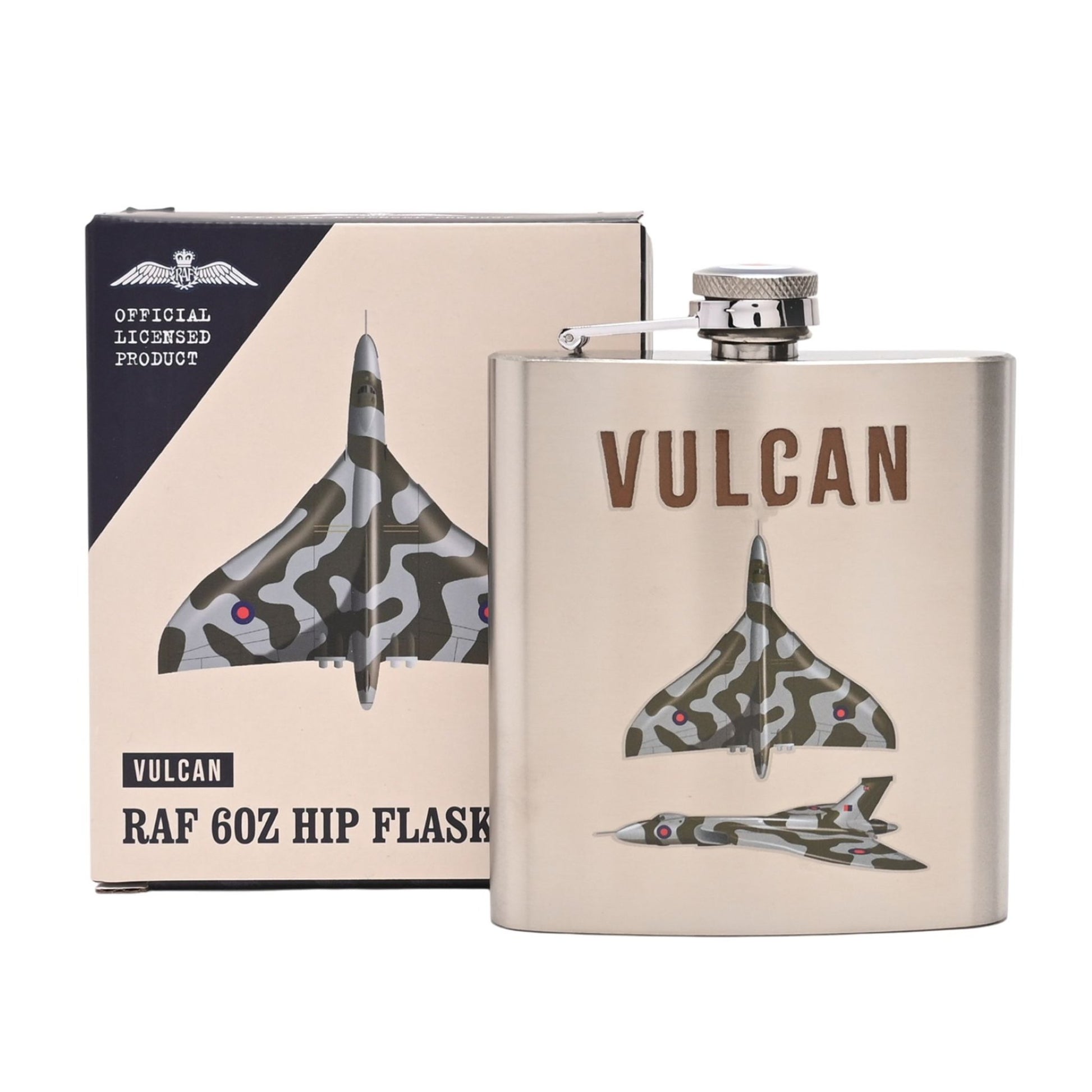 Vulcan RAF 60Z Hip Flask with packaging featuring a fighter jet design.