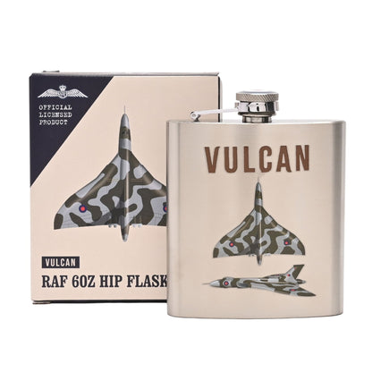 Vulcan RAF 60Z Hip Flask with packaging featuring a fighter jet design.