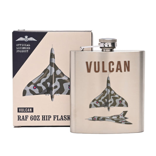 Vulcan RAF 60Z Hip Flask with packaging featuring a fighter jet design.