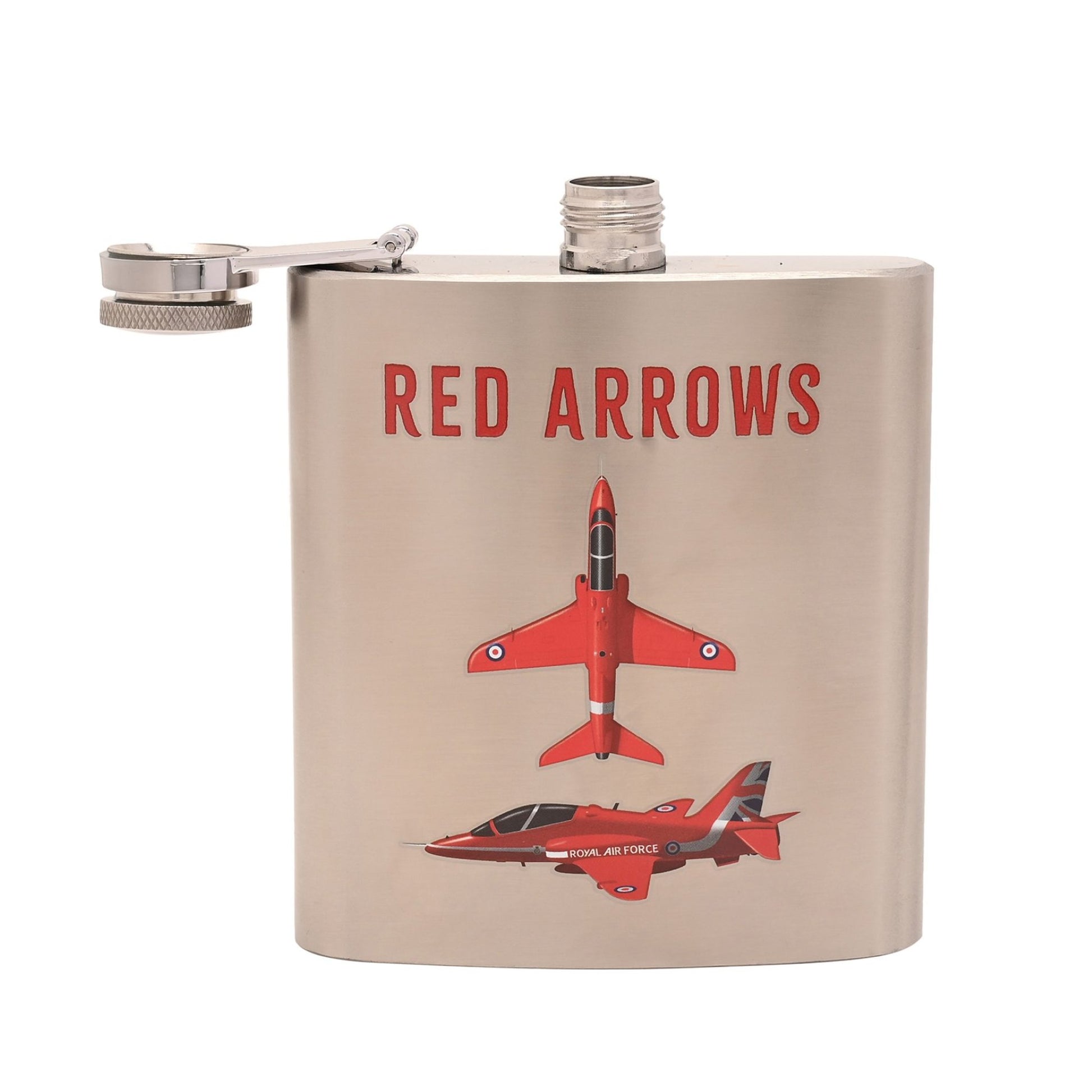 Stainless steel flask with 'Red Arrows' text and red airplane illustrations on a white background