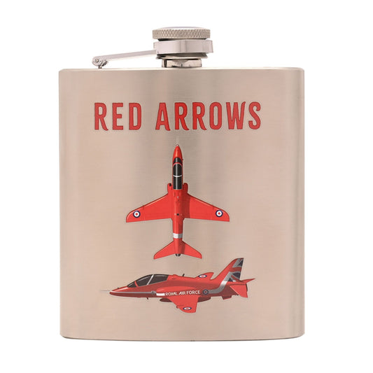 Flask with 'Red Arrows' text and red airplane graphics on a beige background