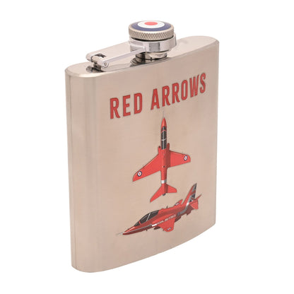 Flask with 'Red Arrows' design featuring red airplanes on a beige background