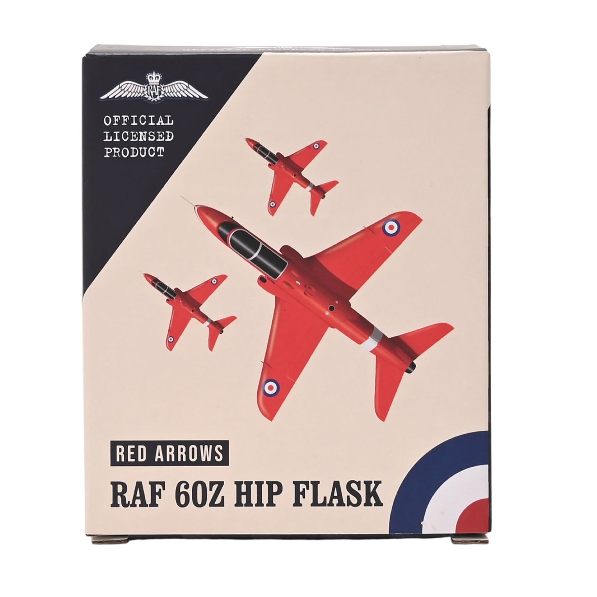 Box for a Red Arrows RAF 60Z Hip Flask with red airplanes and RAF logo.