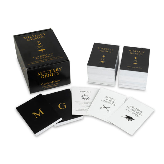 A boxed card game set labeled 'Military Genius' shown on a clean white background, with the black retail box, stacks of black-and-white cards, and several sample cards arranged in front.
