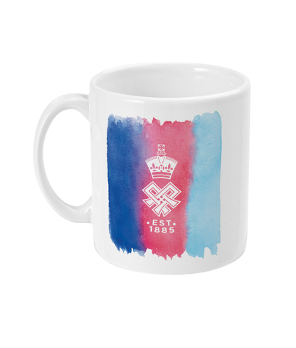 A white ceramic mug featuring a vertical watercolor-style graphic in navy, red, and light blue, with a white crown emblem and the text 'EST. 1885' printed in the center.