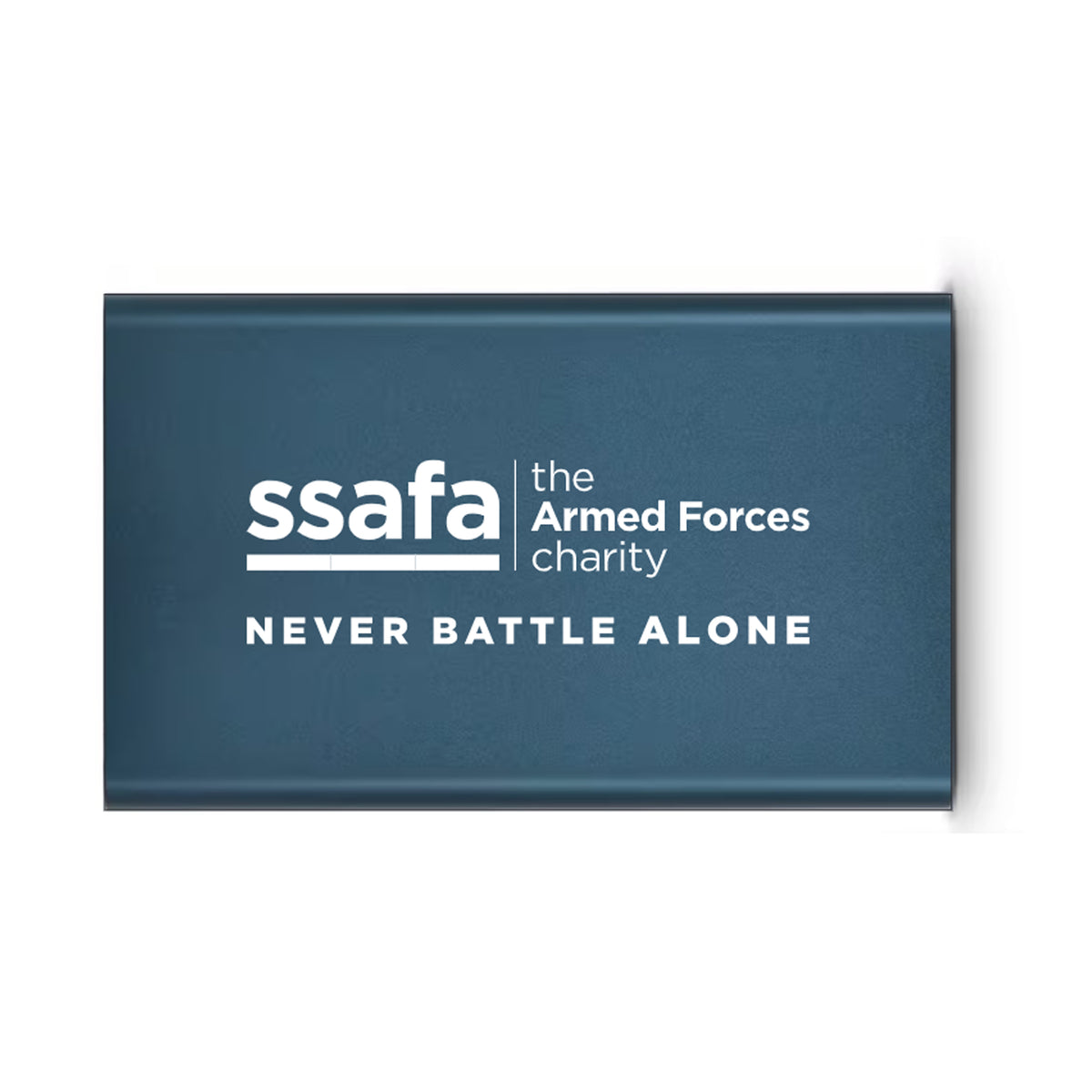 A dark navy blue rectangular power bank with white printed text reading 'ssafa the Armed Forces charity' and 'NEVER BATTLE ALONE', shown on a clean white background.