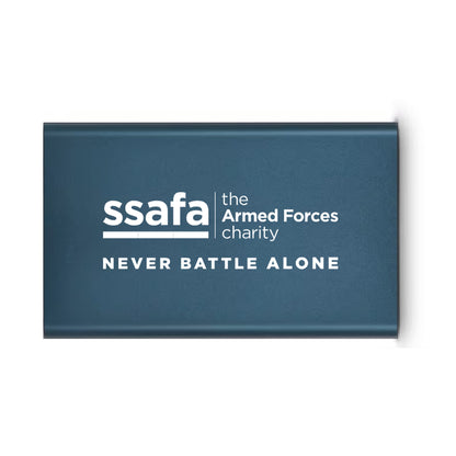 A dark navy blue rectangular power bank with white printed text reading 'ssafa the Armed Forces charity' and 'NEVER BATTLE ALONE', shown on a clean white background.