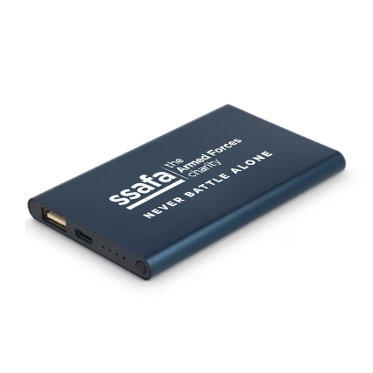 A dark navy blue rectangular power bank with white printed text reading 'ssafa the Armed Forces charity' and 'NEVER BATTLE ALONE', shown on a clean white background.