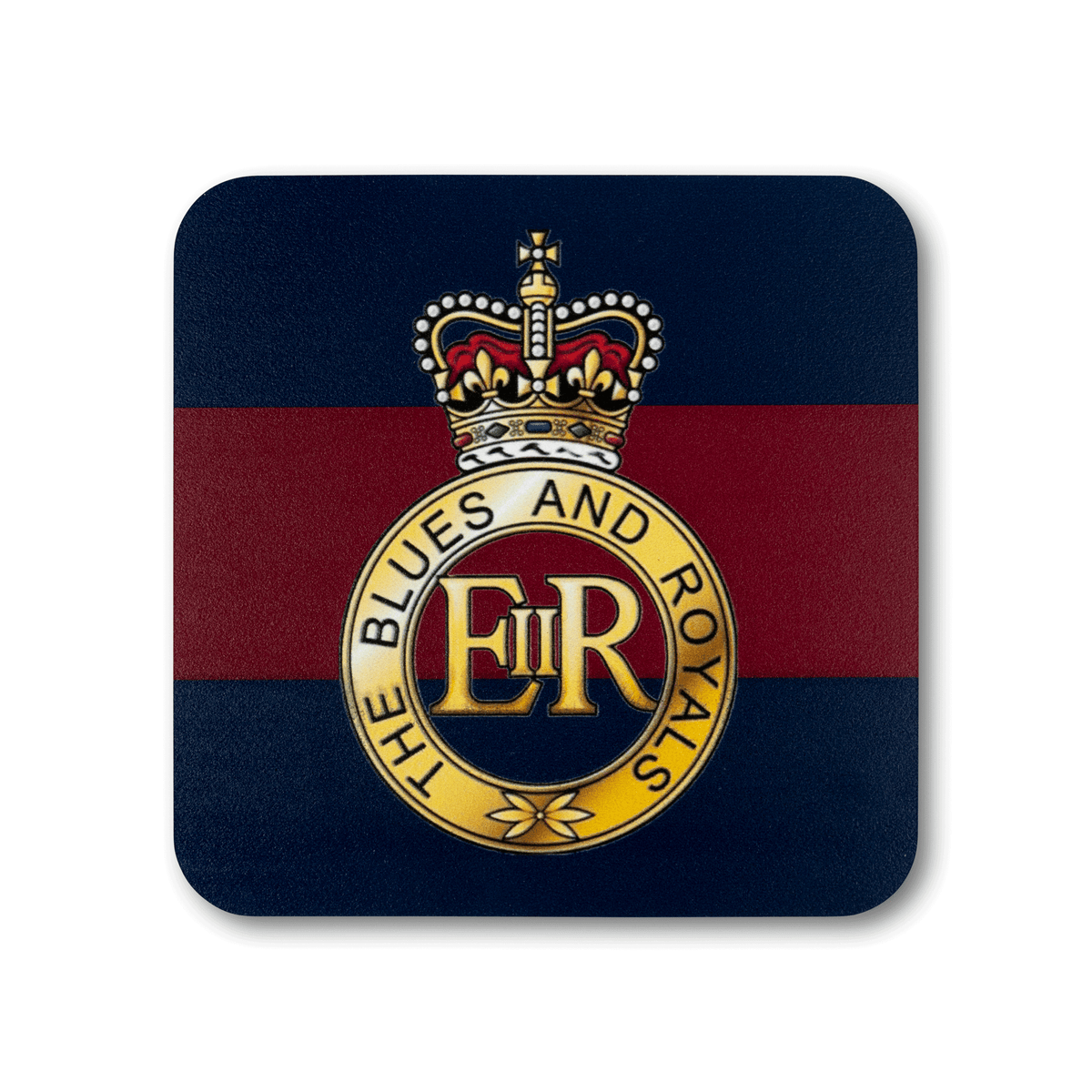 A square coaster with rounded corners featuring The Blues and Royals (Queen’s Crown) insignia, on a striped navy and maroon background.