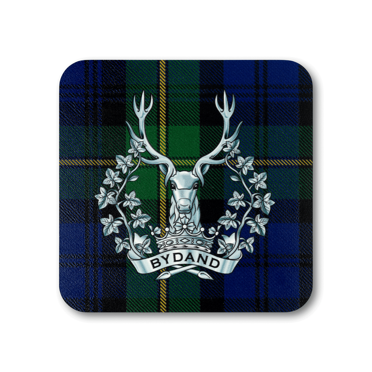 A square coaster with rounded corners featuring the Gordon Highlanders (Ducal Coronet) insignia, on a green and blue tartan background.
