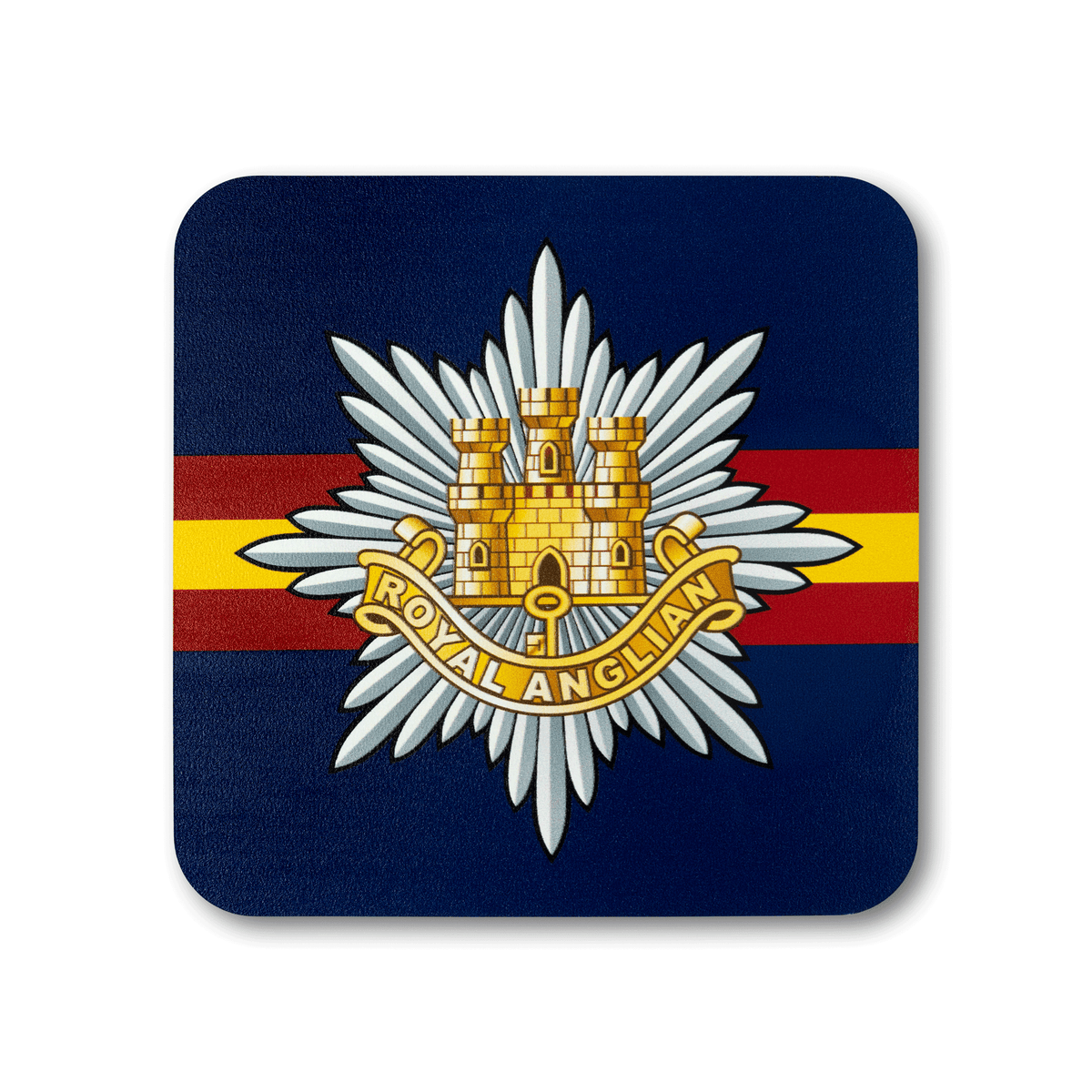 A square coaster with rounded corners featuring the Royal Anglian Regiment insignia, on a striped navy, red and yellow background.