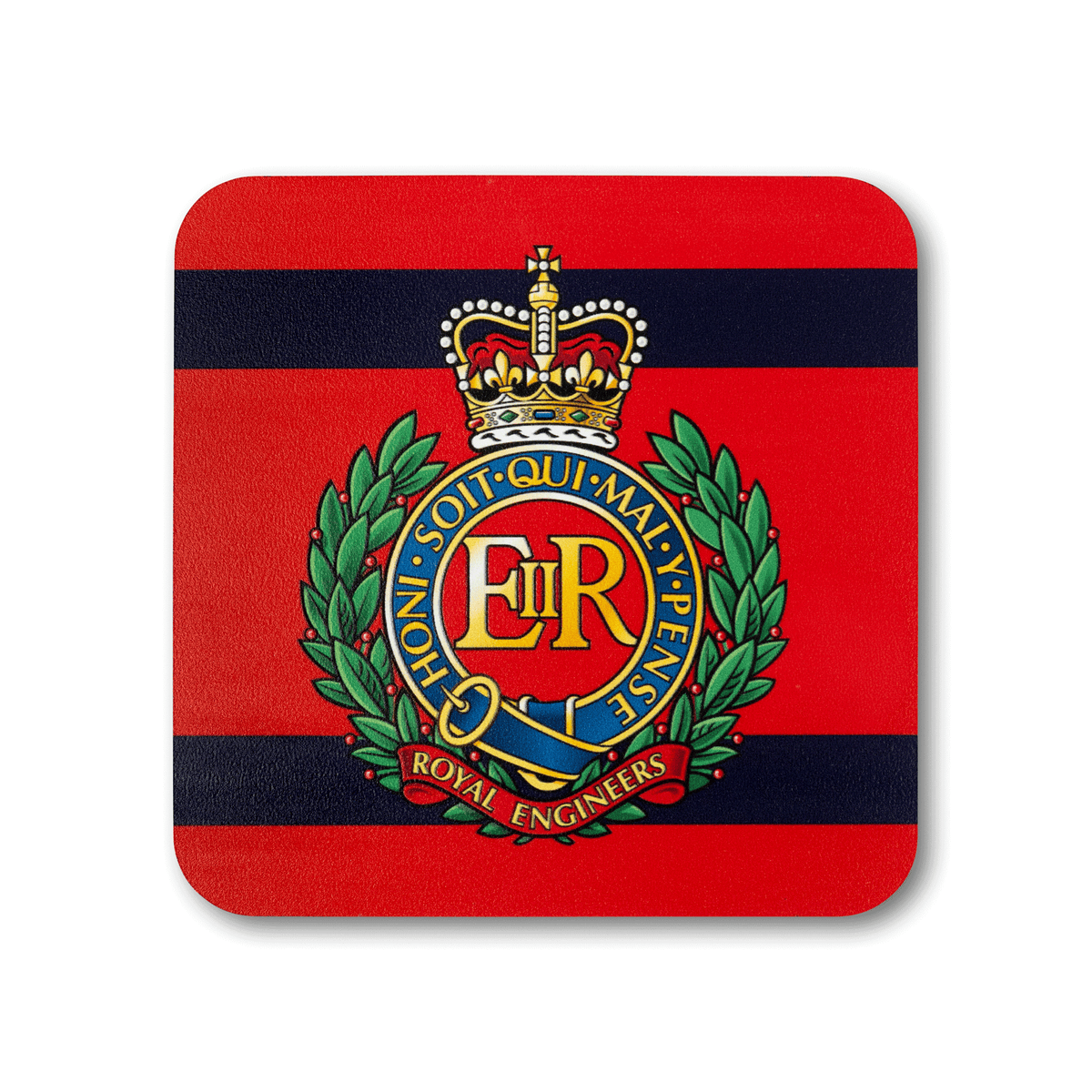 A square coaster with rounded corners featuring the Royal Engineers (Queen’s Crown) insignia, on a striped red and navy background.