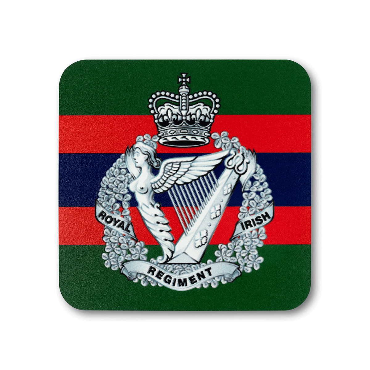 A square coaster with rounded corners featuring the Royal Irish Regiment (Queen’s Crown) insignia, on a striped green, red and navy background.