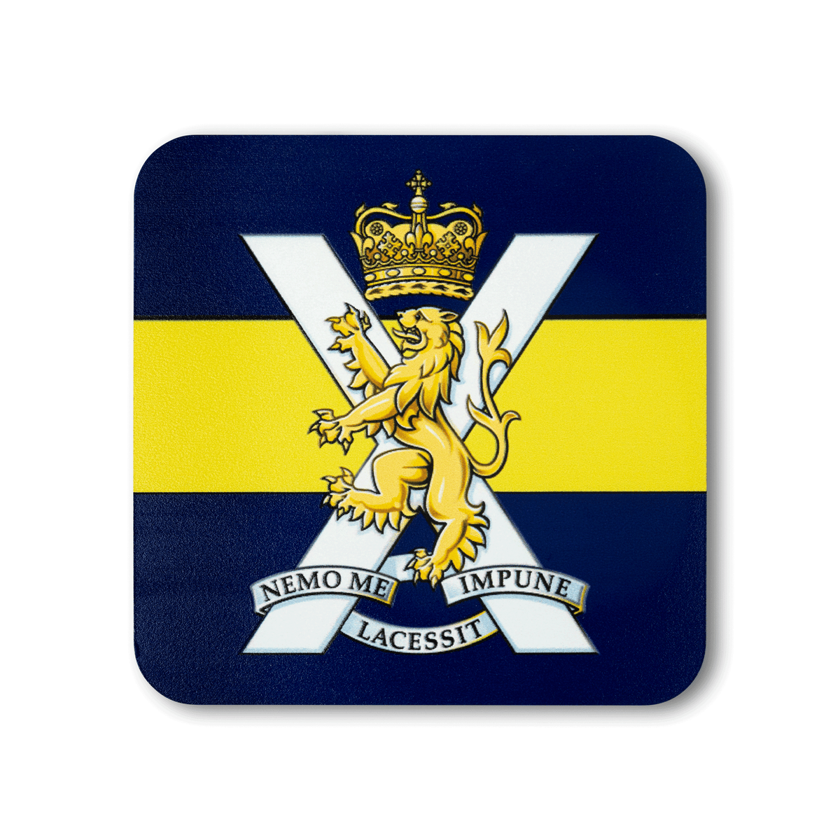 A square coaster with rounded corners featuring the Royal Regiment of Scotland (Queen’s Crown) insignia, on a striped navy and yellow background.