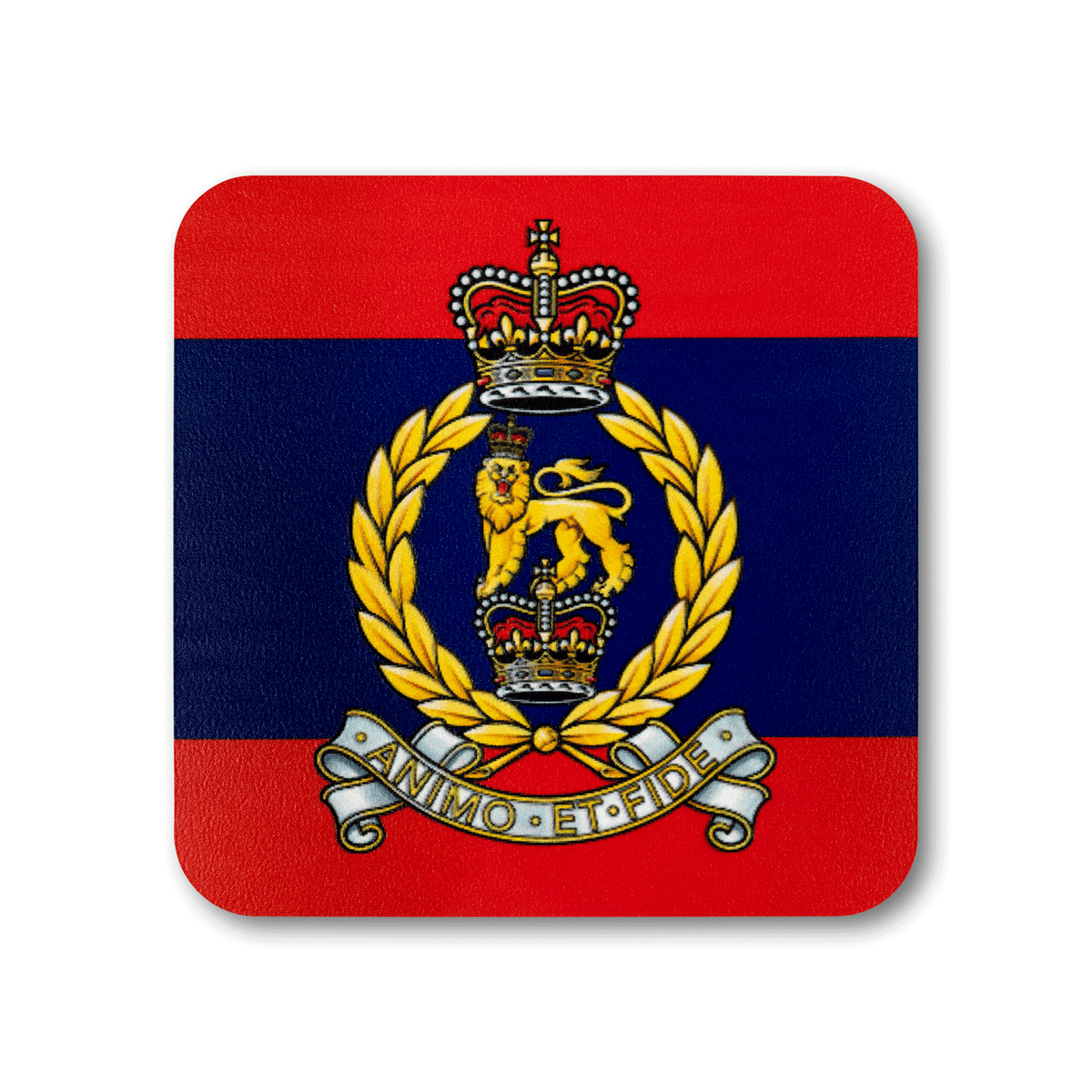 A square coaster with rounded corners featuring the The Adjutant Generals Corps (Queen’s Crown) insignia, on a striped red and navy background.
