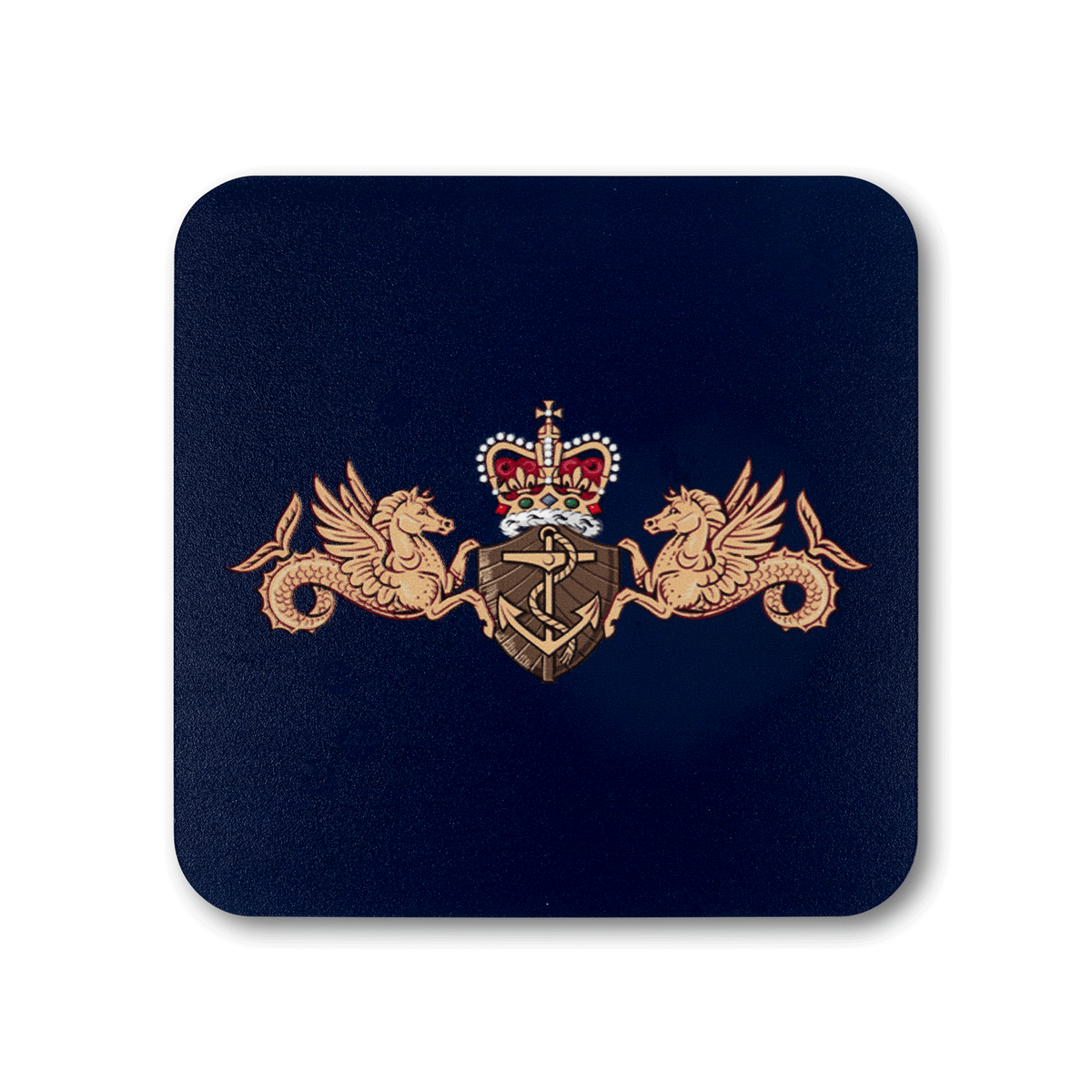 A square coaster with rounded corners featuring the Royal Navy Surface Fleet (Queen’s Crown) insignia, on a navy background.
