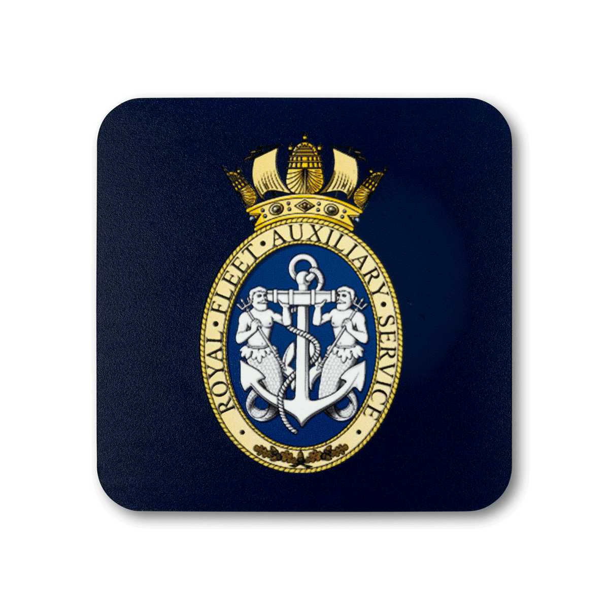 A square coaster with rounded corners featuring the Royal Fleet Auxilary insignia, on a navy background.