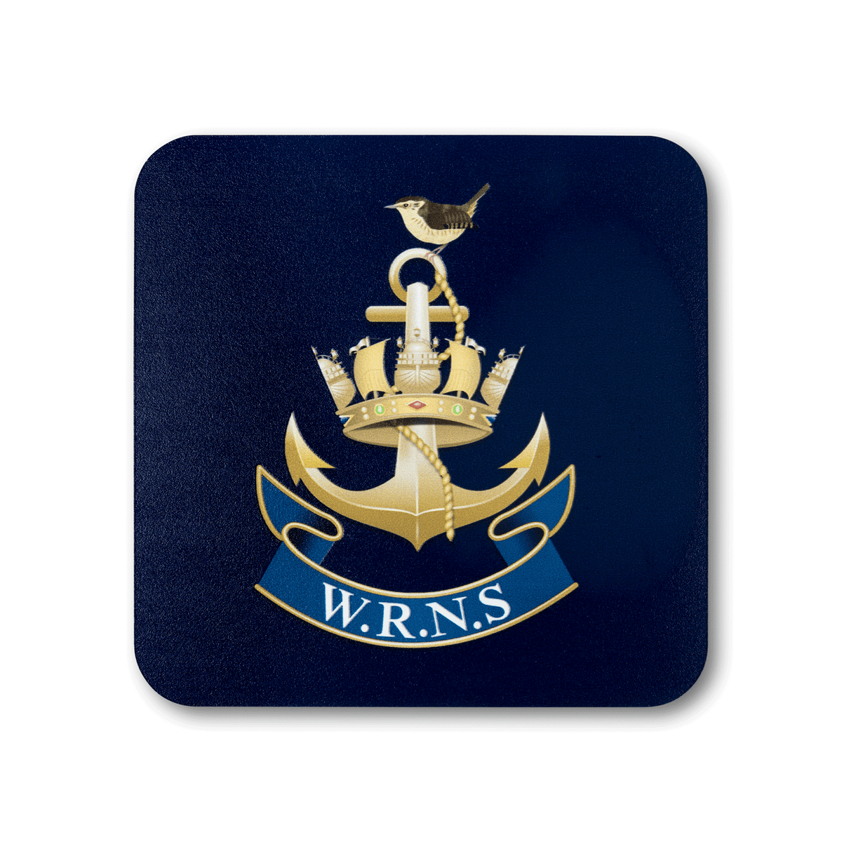 A square coaster with rounded corners featuring the Women's Royal Naval Service (WRNS) insignia, on a navy background.