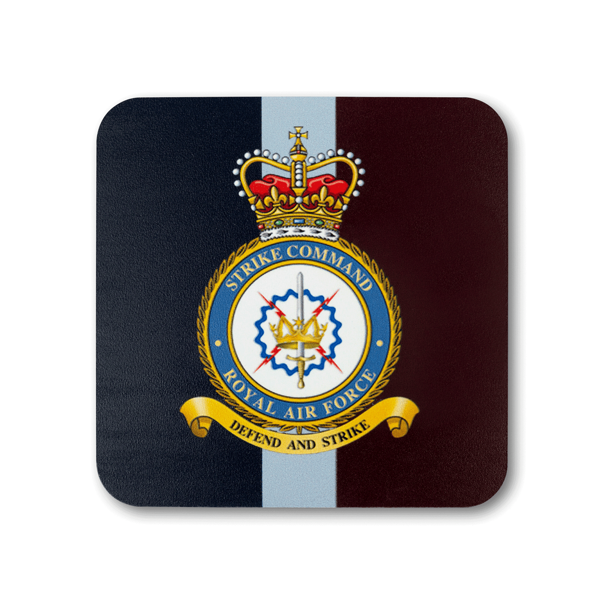 A square coaster with rounded corners featuring the RAF Strike Command (Queen’s Crown) insignia, on a striped navy, light blue and maroon background.