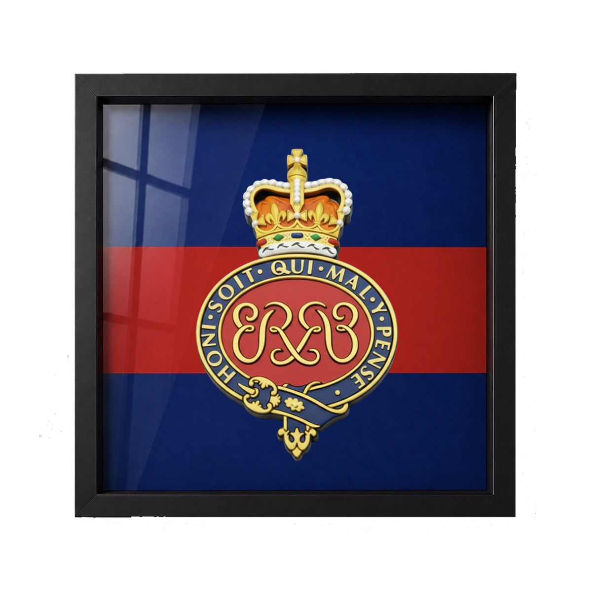 A framed military crest of the Grenadier Guards (Queen's Crown) insignia, displayed against a professionally pigment-printed Grenadier Guards backing, in a black shadowbox frame.