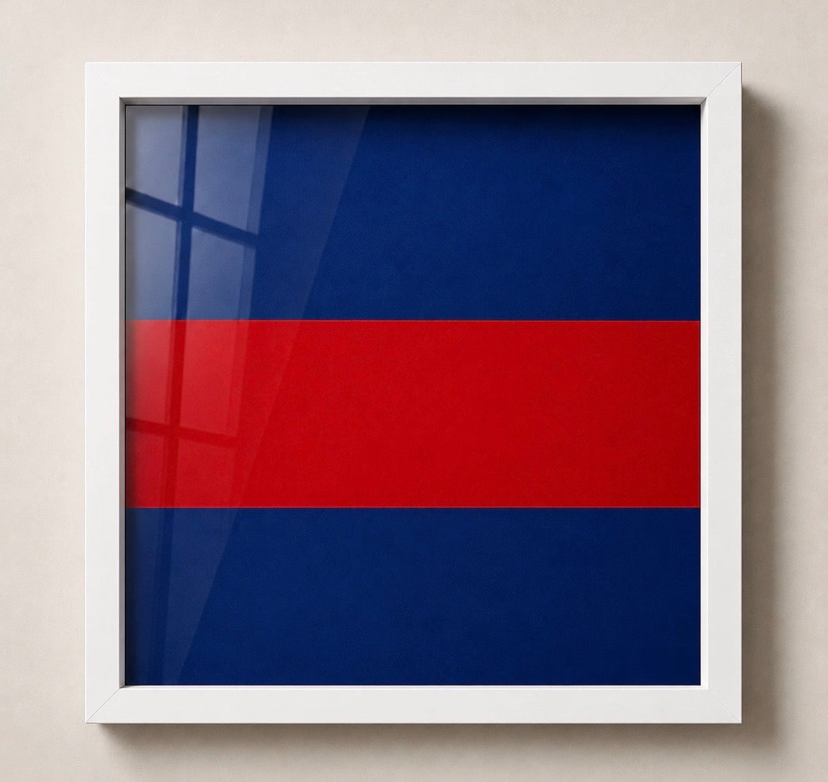 A square white shadowbox frame, showing the professionally pigment-printed Grenadier Guards backing. 