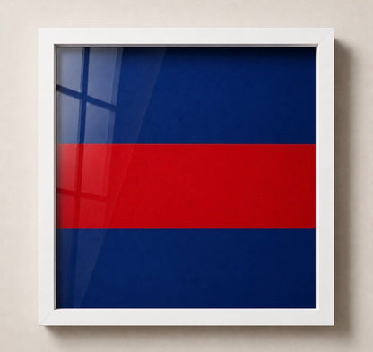 A square white shadowbox frame, showing the professionally pigment-printed Grenadier Guards backing. 