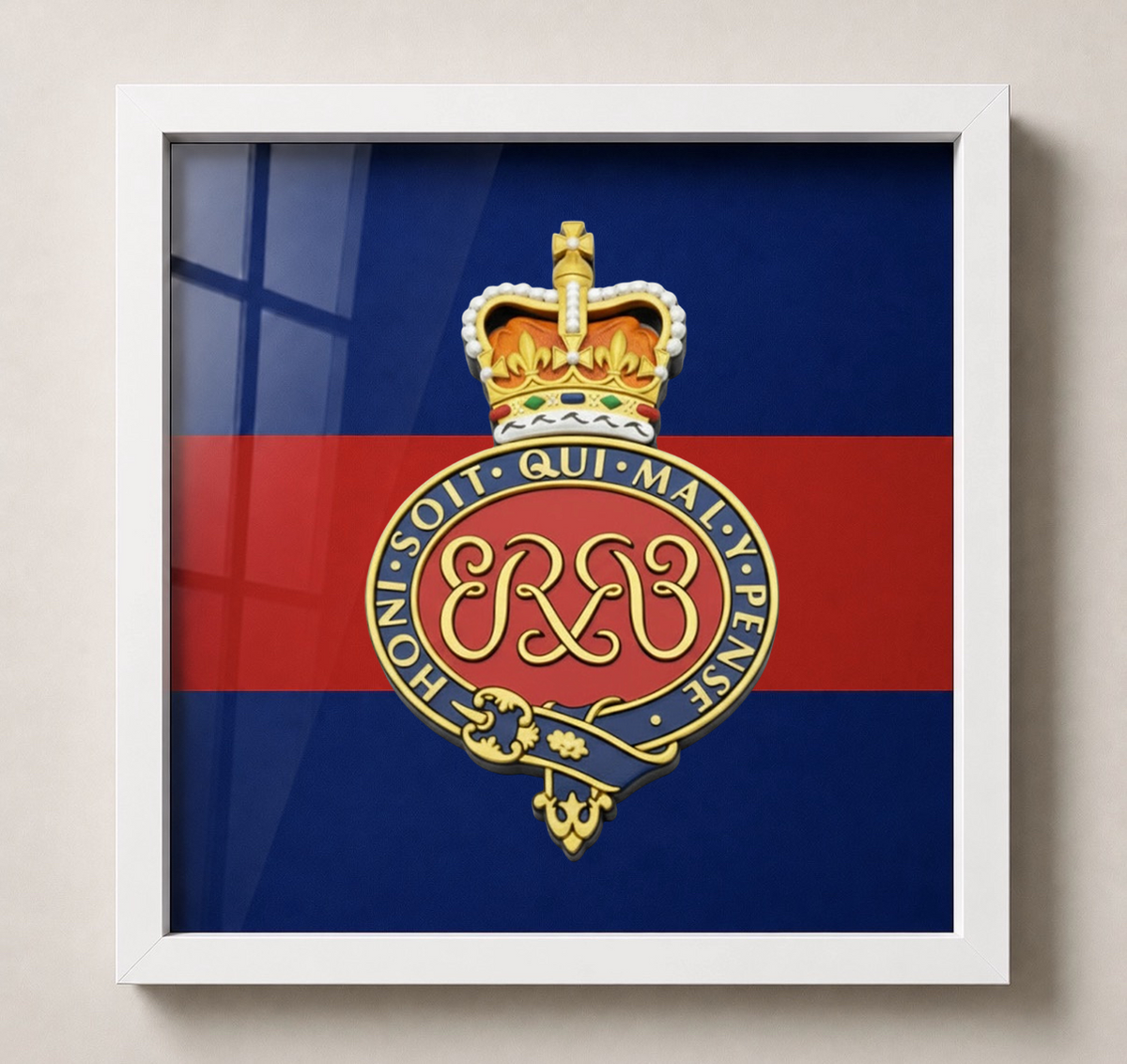 A framed military crest of the Grenadier Guards (Queen's Crown) insignia, displayed against a professionally pigment-printed Grenadier Guards backing, in a white shadowbox frame.