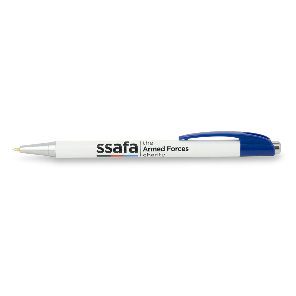 Pen with 'ssafa the Armed Forces charity' branding on a white background