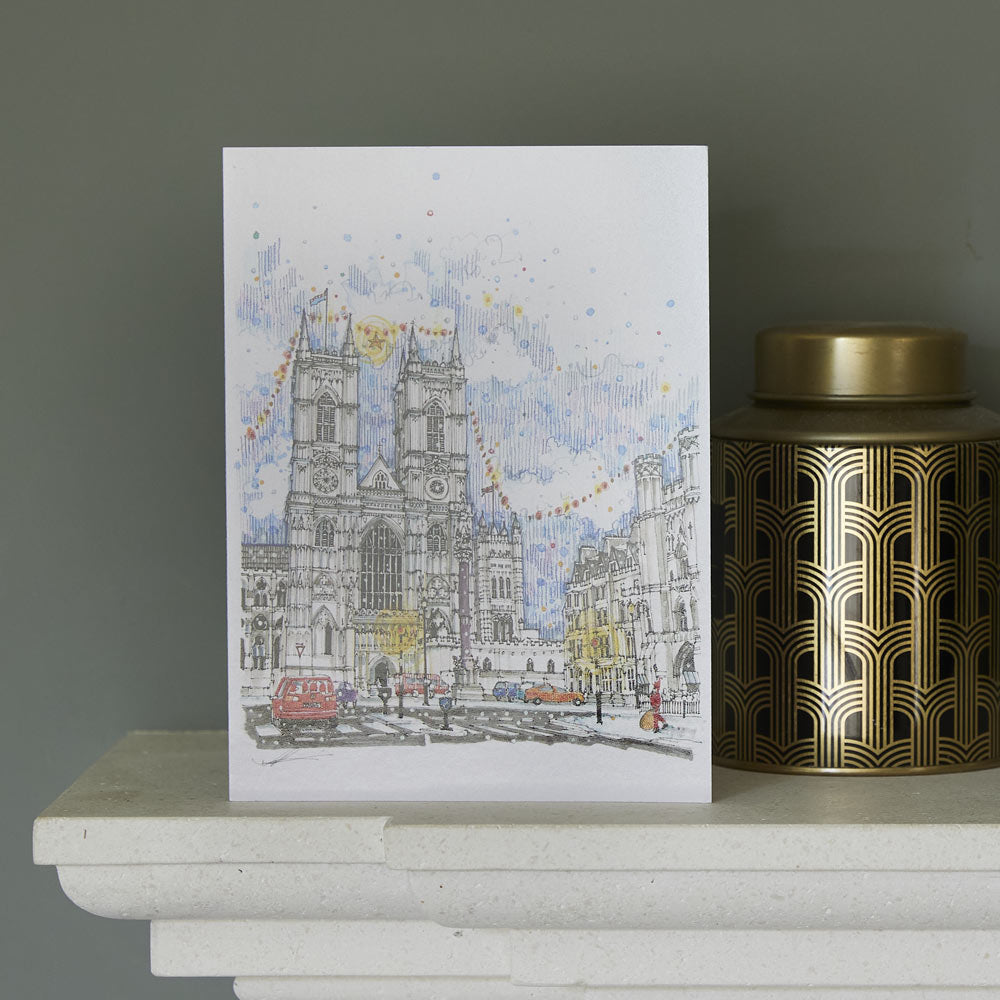 Line drawing of Westminster Abbey and nearby buildings.