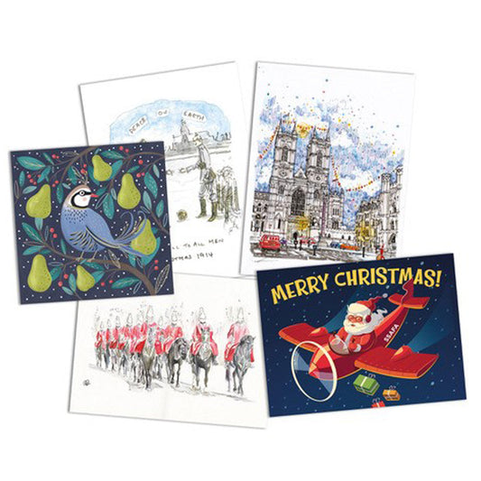 Collection of Christmas cards with various designs on a white background