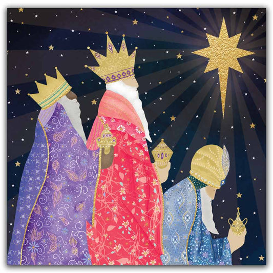 Three wise men in colorful robes with crowns and a star in the background