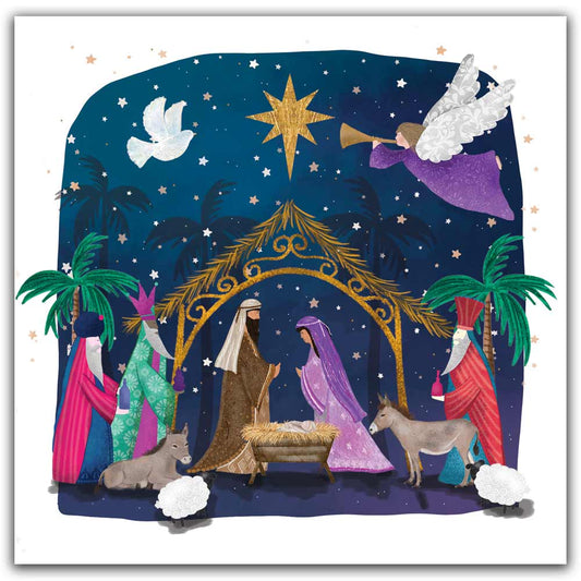 Nativity scene with Mary, Joseph, baby Jesus, and three wise men against a starry night sky.