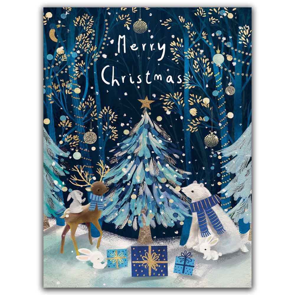 Christmas card with festive design featuring trees, animals, and 'Merry Christmas' text on a blue background.