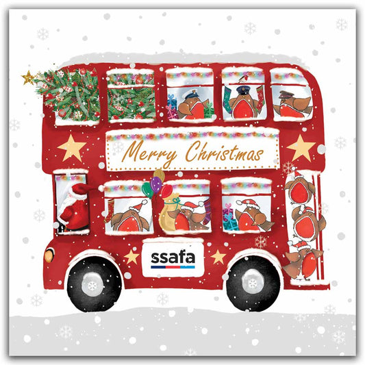 Red double-decker bus with Christmas decorations and 'Merry Christmas' text on a snowy. background. Lots of Robins taking a ride in the bust wearing Santa and Military hats.