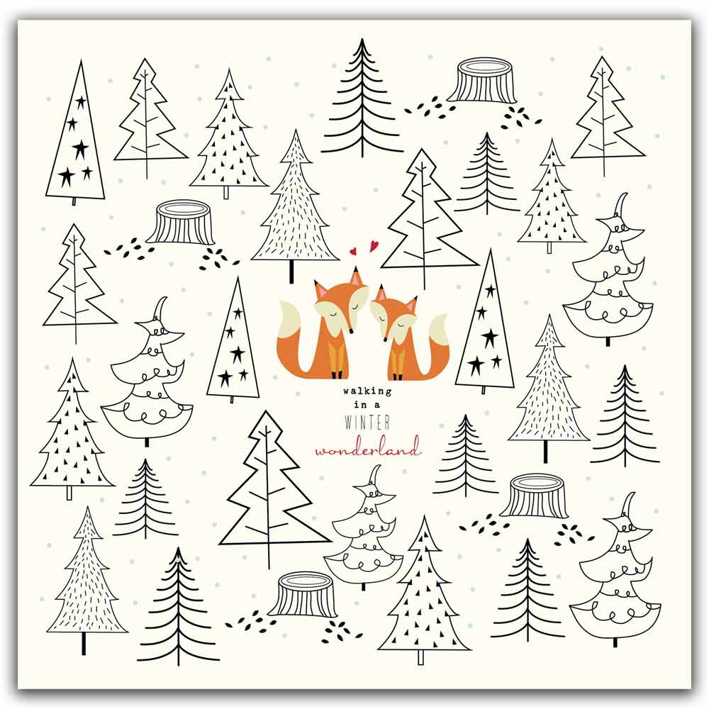 Pattern of trees and fox with text 'walking in a winter wonderland' on a white background
