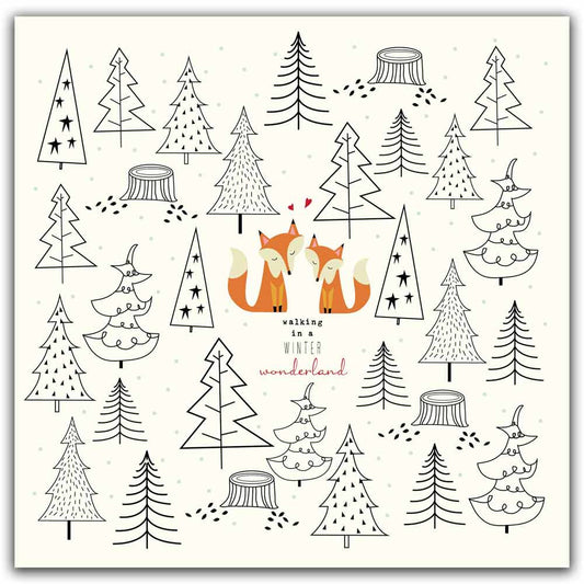 Pattern of trees and fox with text 'walking in a winter wonderland' on a white background