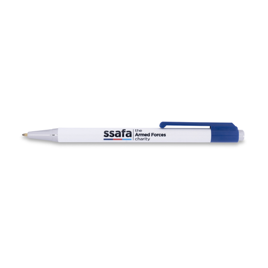 A white retractable pen with a blue cap, featuring the printed text 'ssafa the Armed Forces charity' on the barrel, shown against a plain white background.
