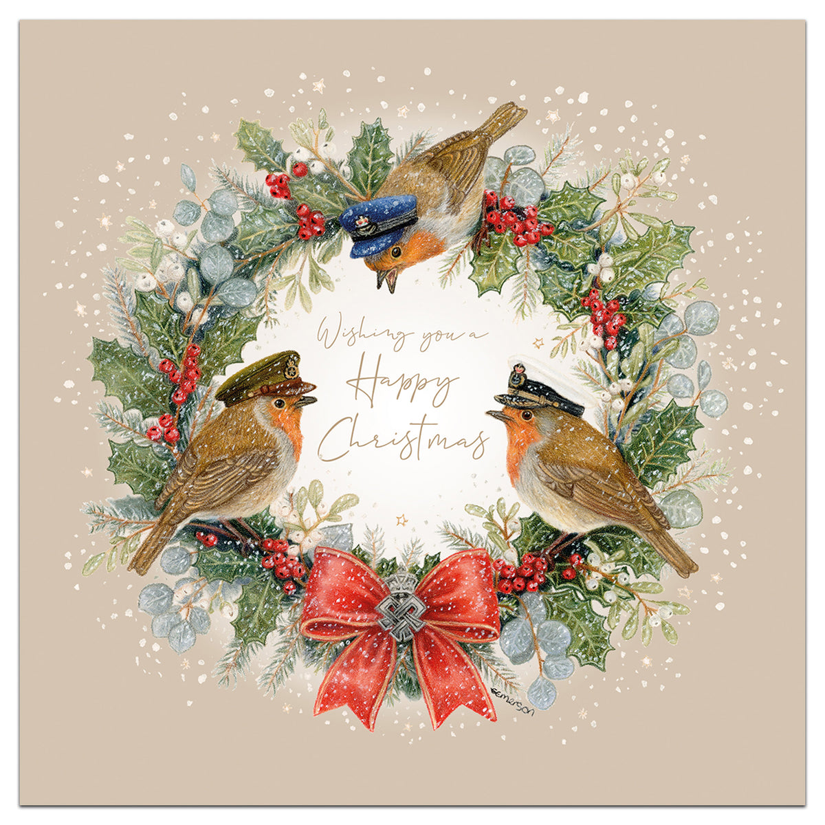 Christmas card with wreath and three robins in Army, Navy and RAF hats, red berries, red bow and gold “Wishing you a Happy Christmas”.