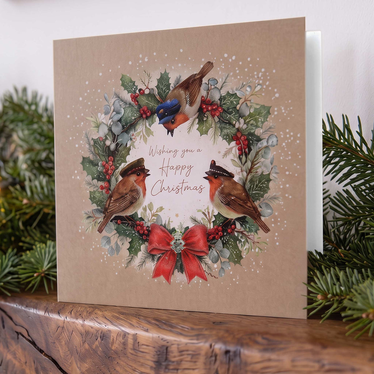Christmas card on a mantelpiece: wreath with 3 robins in Army, Navy and RAF hats and “Wishing you a Happy Christmas”.