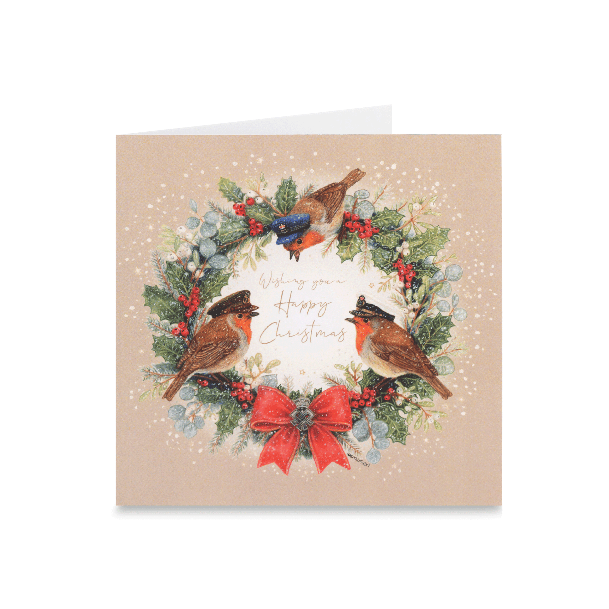 A square Christmas greeting card with a beige background, featuring an illustrated wreath with three robins wearing military hats of the Army, Navy and RAF,, red berries, a red bow, and the words 'Wishing you a Happy Christmas' in gold script.