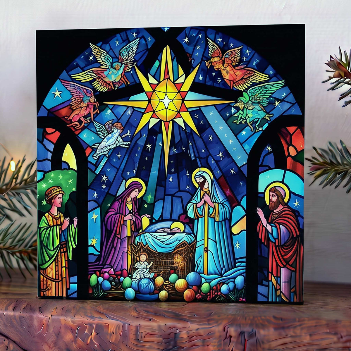 Square Christmas card on mantelpiece with a colourful stained glass Nativity scene of Mary, Joseph, baby Jesus, wise men and angels beneath a glowing star.