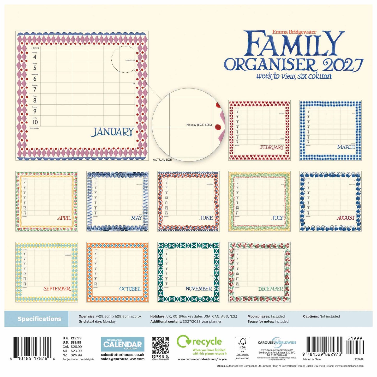 A 2027 family planner page set featuring twelve monthly grids with decorative borders in red, blue, green, and orange, displayed on a cream background with branding and specifications at the bottom.
