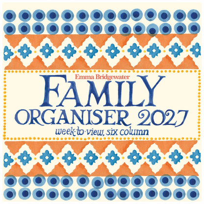 Family Organiser 2027 weekly to view, six column planner cover by Emma Bridgwater, featuring a cream background with blue and orange watercolor geometric patterns.